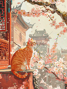 橙色猫咪樱花城墙中国风插画设计