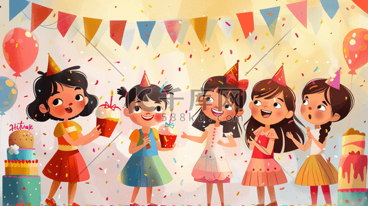 蛋糕平面插画图片_简约扁平化女孩们开心聚会的插画5