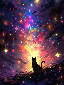 可爱的小猫梦幻星空下插图