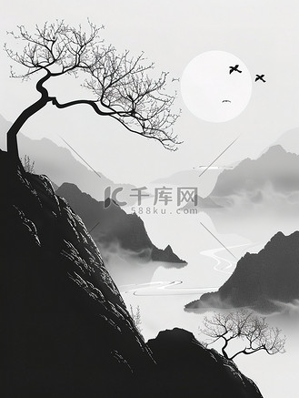 黑白简约插画个人vip和企业vip免费下载免抠背景中国风山水黑白简约