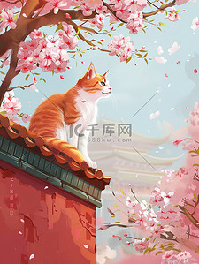 中国风矢量插画图片_橙色猫咪樱花城墙中国风矢量插画