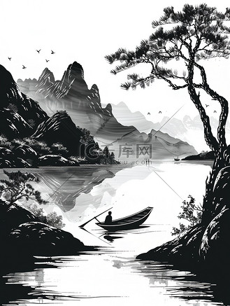 中国山水线性黑白简约插画