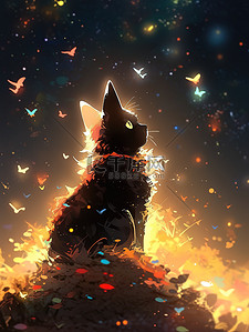 可爱的小猫插画图片_可爱的小猫梦幻星空下图片
