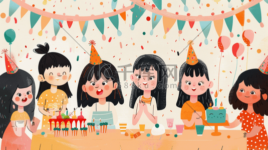 蛋糕扁平化插画图片_简约扁平化女孩们开心聚会的插画10