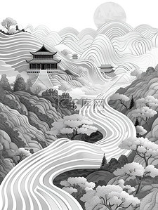 中国山水线性黑白简约插画