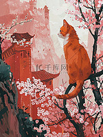 橙色猫咪樱花城墙中国风插画图片