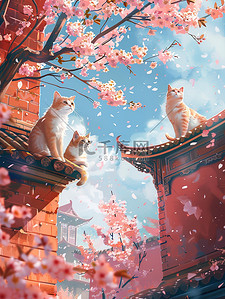 橙色猫咪樱花城墙中国风插画素材