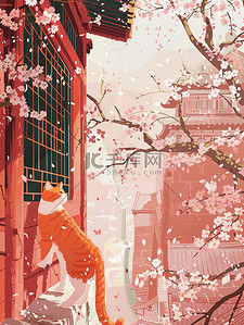 城墙绘画插画图片_橙色猫咪樱花城墙中国风插画图片