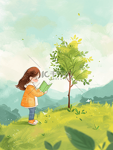 绿色的书插画图片_春天彩色阳光下小孩看书的插画1