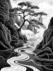 中国山水线性黑白简约插画