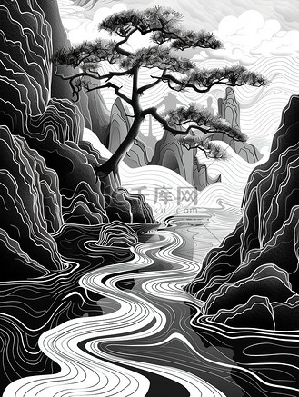 中国山水线性黑白简约插画