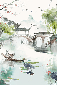 春季柳树燕子插画图片_清明节湖水风景手绘插画海报