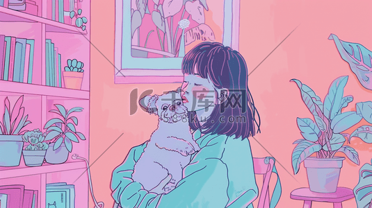 室内4插画图片_唯美绘画室内女孩抱着小狗的插画4