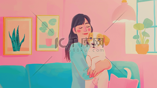 唯美绘画室内女孩抱着小狗的插画7