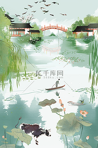 清明节手绘插画图片_清明节手绘湖水风景插画海报