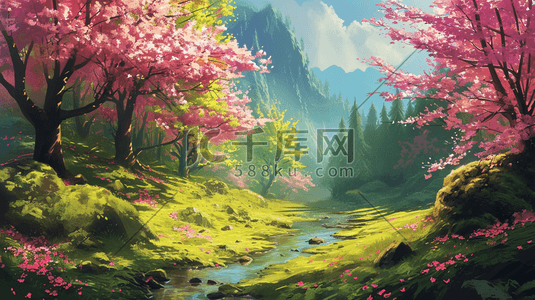 草地里的石头插画图片_春天森林里粉色树木草坪河流的插画12