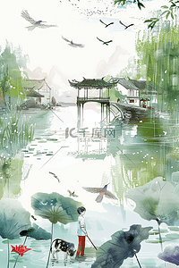 春装插画图片_湖水风景手绘插画清明节海报