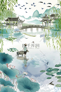 彩色低插画图片_清明节插画湖水风景手绘海报