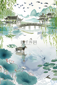 春装插画图片_清明节插画湖水风景手绘海报