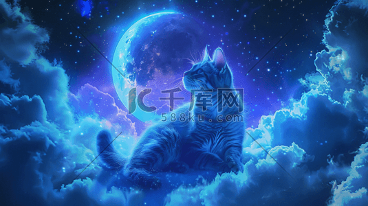 蓝色缤纷夜晚风景小猫站在山顶的插画1