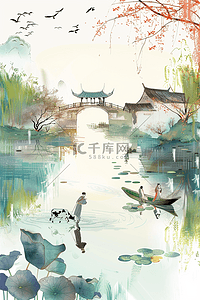 湖水风景手绘清明节插画海报