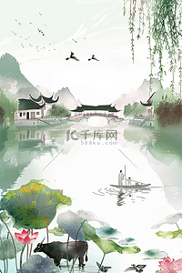 春装插画图片_湖水风景手绘插画海报清明节