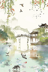 春装插画图片_清明节湖水海报风景手绘插画