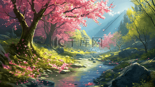 草地里的石头插画图片_春天森林里粉色树木草坪河流的插画2