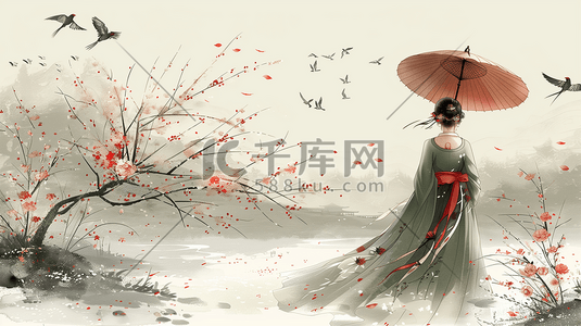 古装剧寿星插画图片_中国水墨风古装少女春天插画