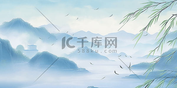 中国风山水画插画图片_清明节清明中国风山水画古风插画背景