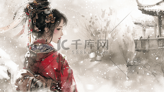 冬天插画图片_古风中国风冬季冬天雪景汉服女性插画