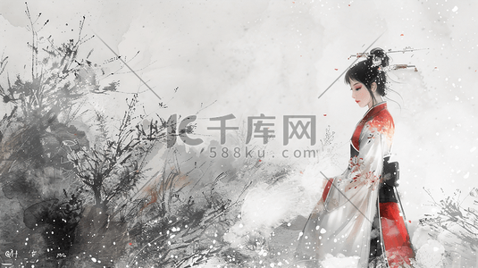 冬季冬天你好插画图片_古风中国风冬季冬天雪景汉服女性插画