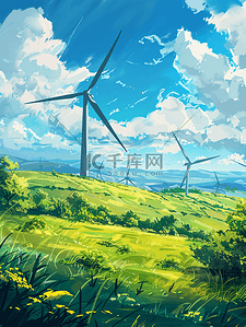 风机发电插画图片_广阔的地貌风能发电