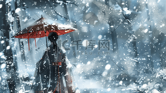 国画雪景插画图片_冬季冬天古风中国风汉服女性雪景