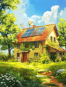 储能技术插画图片_房屋上的太阳能板