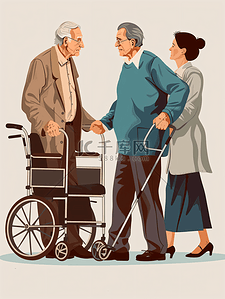 轮椅的老人插画图片_行动不便的老人与护士形象