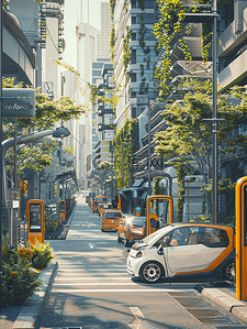 车载充电器主图插画图片_城市中充电的新能源汽车