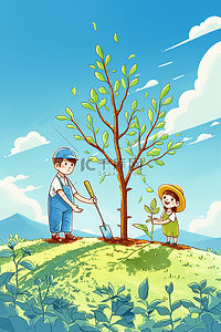 3月春天植树节卡通手绘插画18