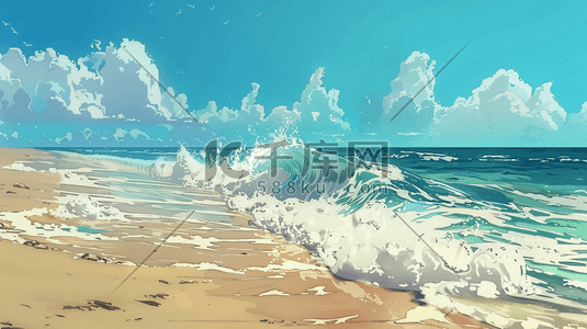 夏天蓝天大海沙滩海浪翻滚的插画6