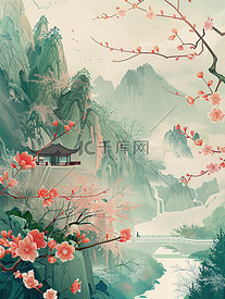 春天青山花朵中国风山水画矢量插画