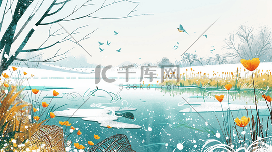 绿色海草插画图片_春天户外风景区河流树木的插画2