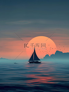 海洋孤独的帆船的剪影图片