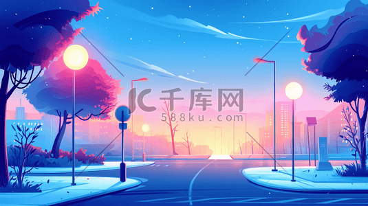 夜晚灯光插画图片_简约夕阳夜晚灯光街道道路的插画12