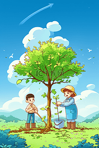 11绿色插画图片_3月春天植树节卡通手绘插画11