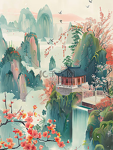 春天青山花朵中国风山水画插画设计