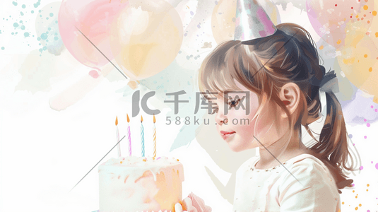 彩色手绘女孩生日气球蛋糕的插画4