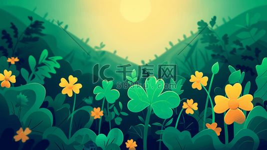 绿色抽象插画图片_春天平面简约绿色风景树木花朵的插画8