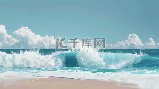 夏天蓝天大海沙滩海浪翻滚的插画8