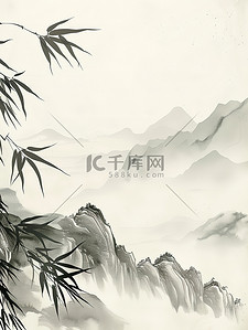 古代水墨画插画图片_竹叶水墨画的山脉插图