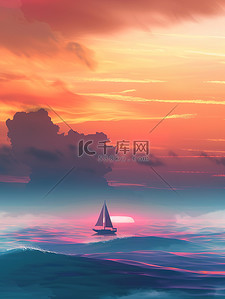 海洋孤独的帆船的剪影原创插画